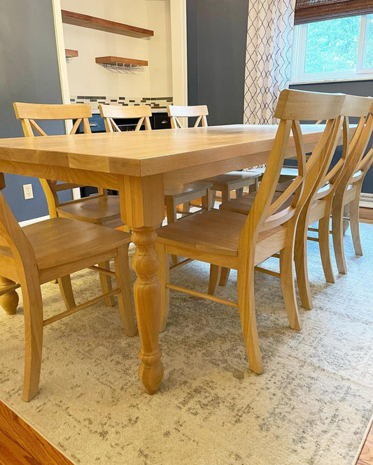8' x 42" White Oak Country Cottage Dining Table with 8 Single Cross Back Chairs