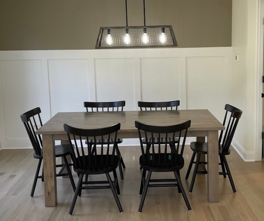 Pictured with a 5' L x 42" W Rustic Alder Dining Table stained Classic Gray. Pictured with 6 Lexington Chairs stained black.