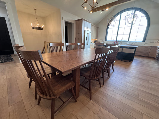 Shown in 48"x9' Red Oak w/ Honey Stain & 12 New England Windsor Dining Chairs.