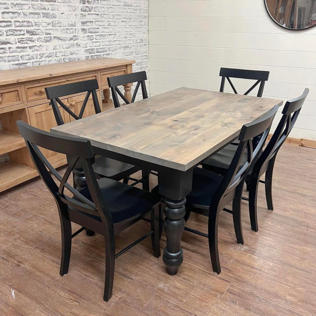 5' L x 36" W Rustic Farm Table with Husky Legs stained Classic Gray and painted Black with 6 Single cross back chairs.