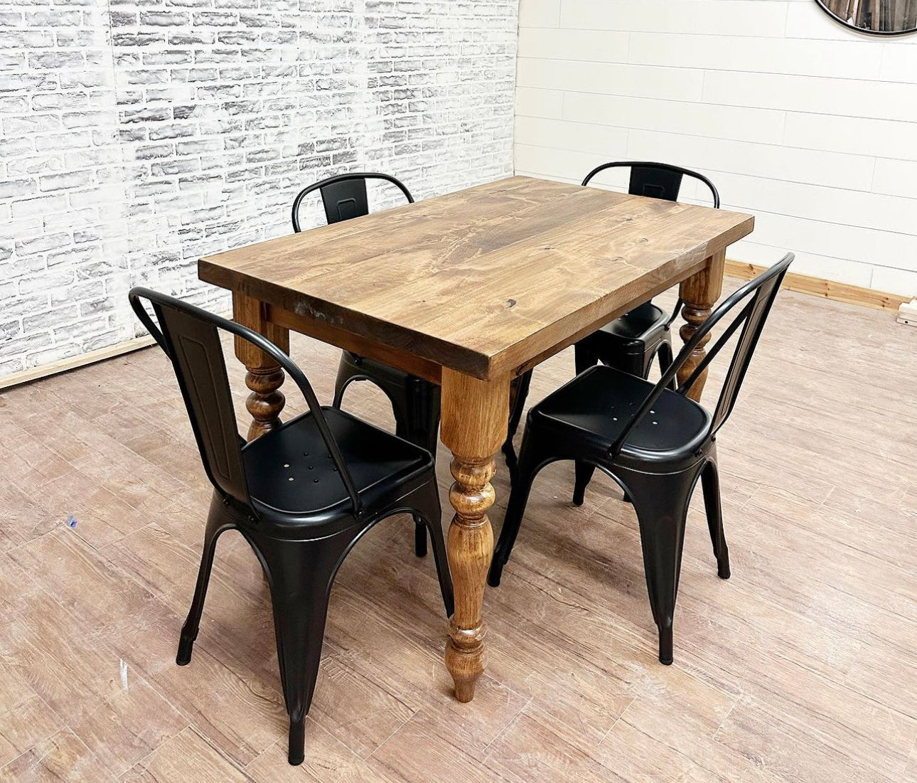 48" L x 36" W Rustic Farm Dining Table with 4 Black Industrial Chairs