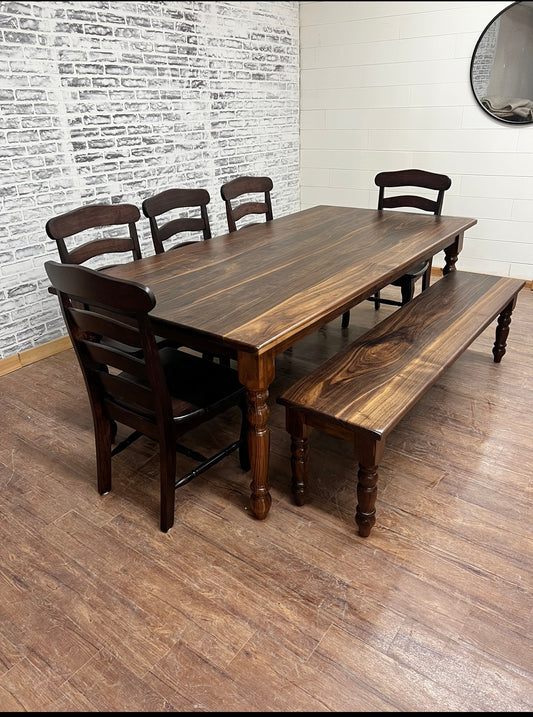 8' L x 42" W Walnut Country Cottage Dining Table Matching Bench and 5 French Country Chairs