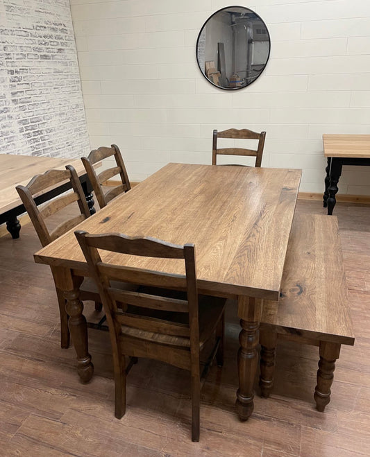 5' L x 42" W Hickory Country Cottage Dining Table with Matching Bench and 4 Magnolia Chairs.