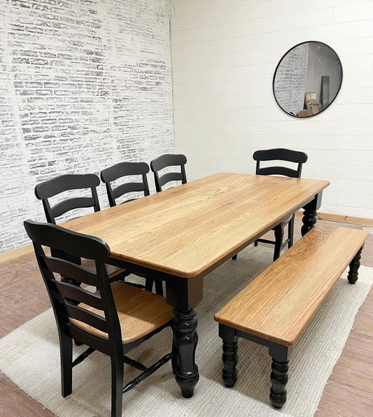 8' L x 42" W Red Oak Husky Dining Table with Matching Bench and 5 French Country Chairs
