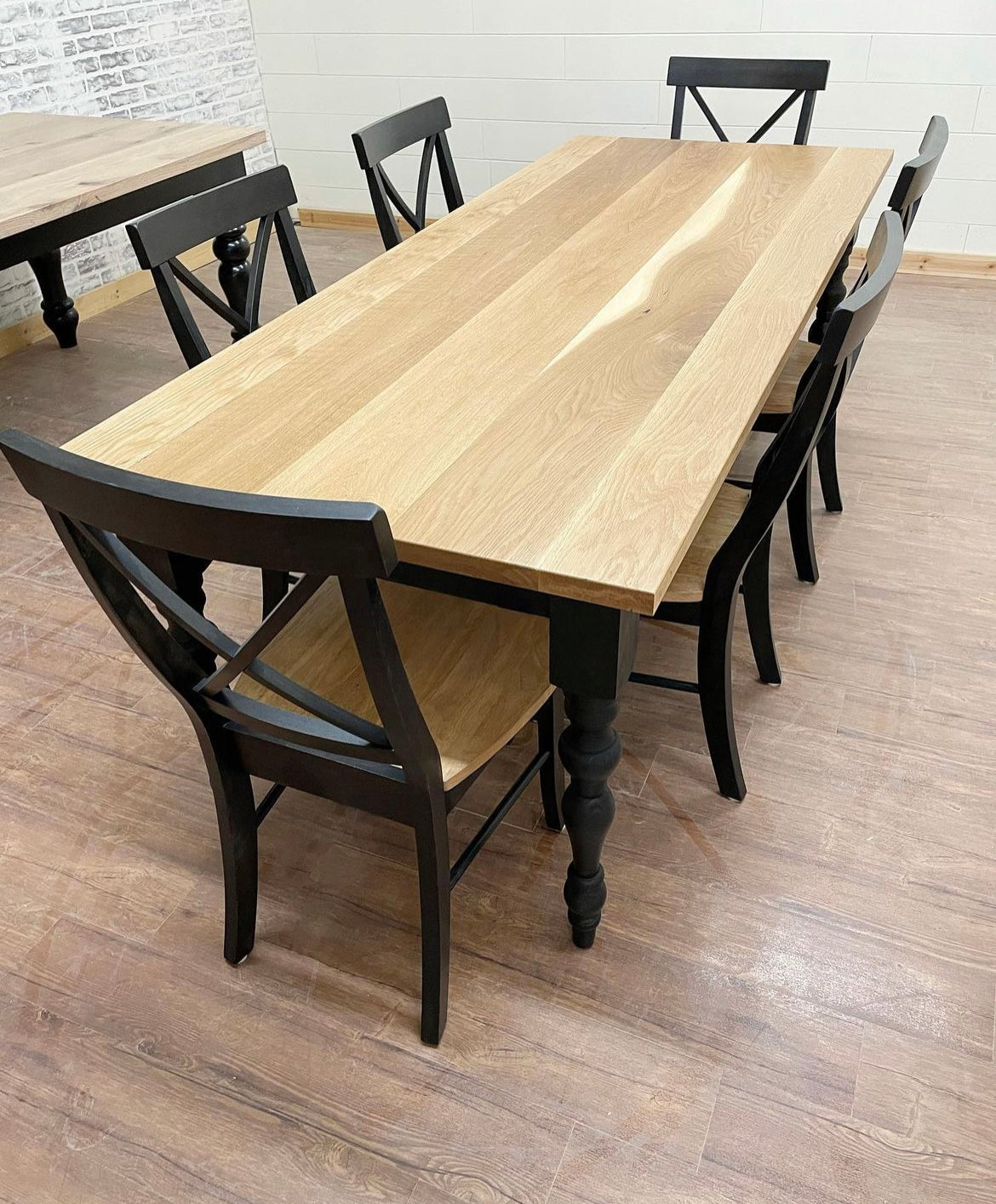 7' L x 36" W White Oak Paris Dining Table with 6 Single Cross Back Chairs