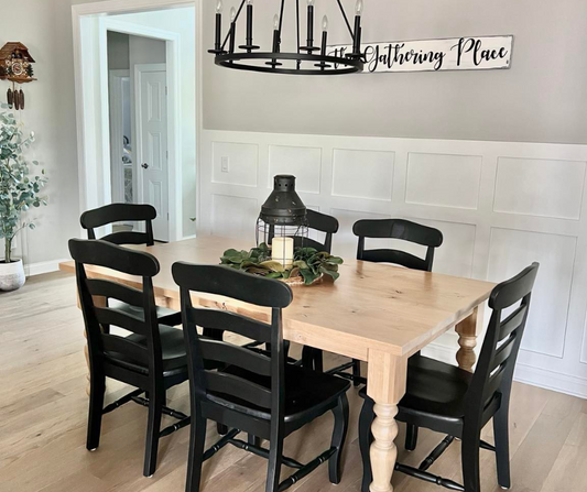 Pictured with a 6' L x 42" W Rustic Alder table with a Natural Finish. Pictured with the French Country Chairs with a Black painted finish.