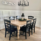 Pictured with a 6' L x 42" W Rustic Alder table with a Natural Finish. Pictured with the French Country Chairs with a Black painted finish.