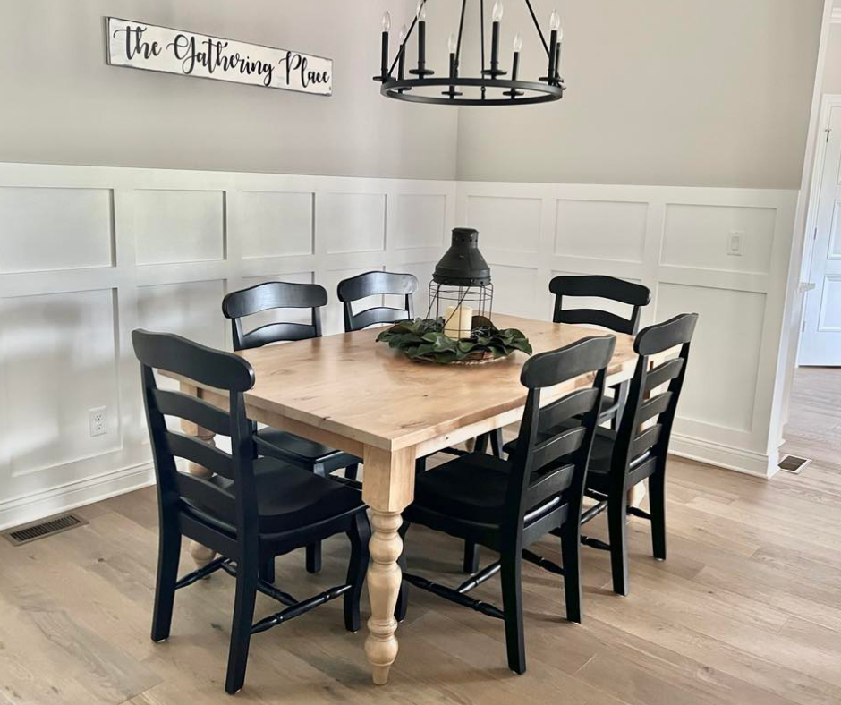 Pictured with a 6' L x 42" W Rustic Alder table with a Natural Finish. Pictured with the French Country Chairs with a Black painted finish.