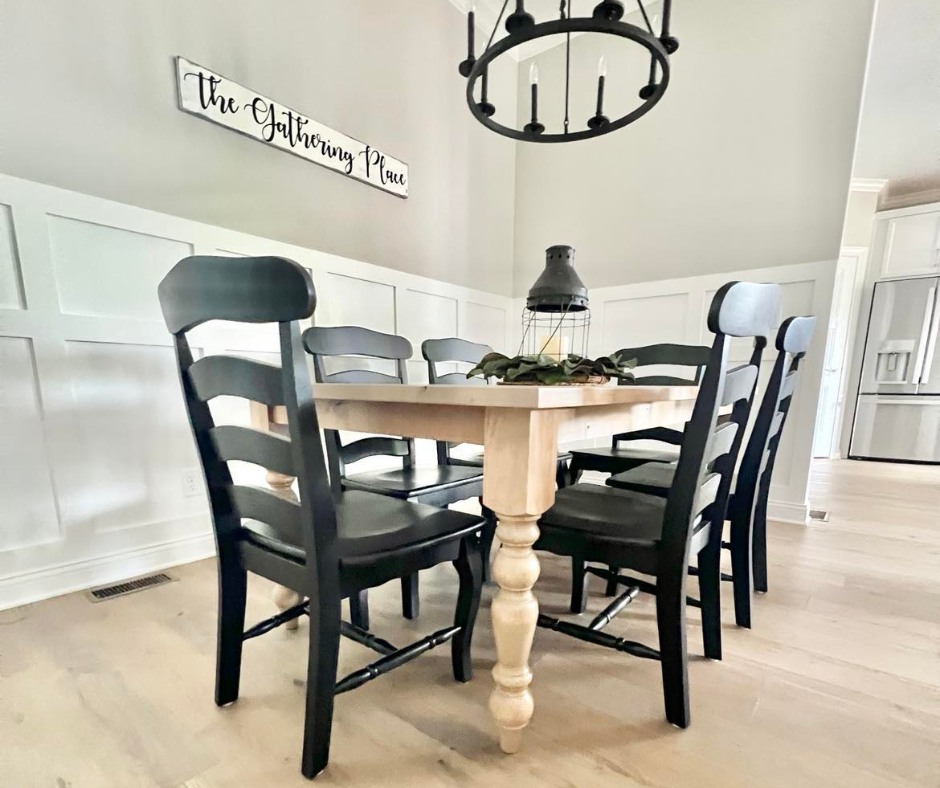 Pictured with a 6' L x 42" W Rustic Alder table with a Natural Finish. Pictured with the French Country Chairs with a Black painted finish.