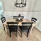 Pictured with a 6' L x 42" W Rustic Alder table with a Natural Finish. Pictured with the French Country Chairs with a Black painted finish.