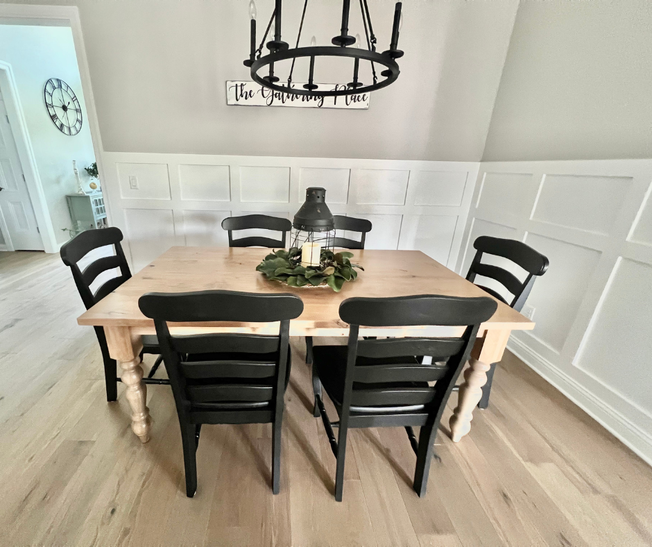 Pictured with a 6' L x 42" W Rustic Alder table with a Natural Finish. Pictured with the French Country Chairs with a Black painted finish.