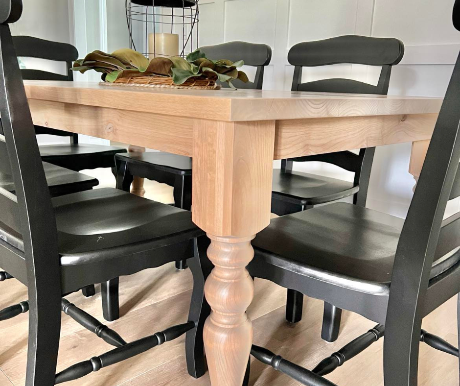 Pictured with a 6' L x 42" W Rustic Alder table with a Natural Finish. Pictured with the French Country Chairs with a Black painted finish.