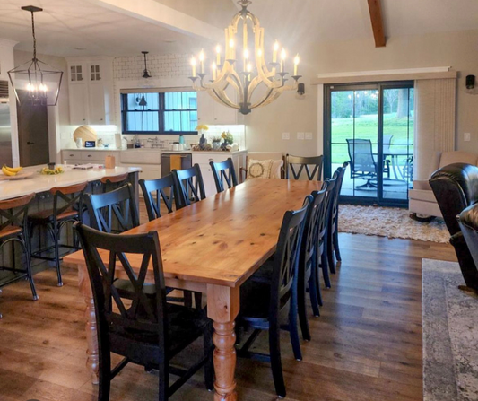 Pictured with a 10' L x 42" W Rustic Alder table with Alder legs and 5" breadboard with a Natural Finish. Pictured with 10 Double Cross Back Chairs painted Black. 