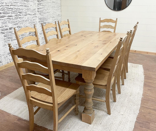 8' L x 42" W Rustic Alder Monastery Dining Table with 8 Maine Ladder Back Chairs