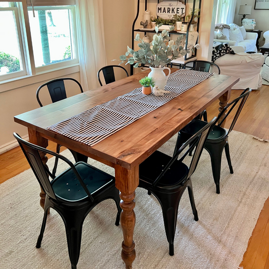 6' L x 36" W Knotty Alder Rustic Farm Dining Table with 6 Metal Chairs