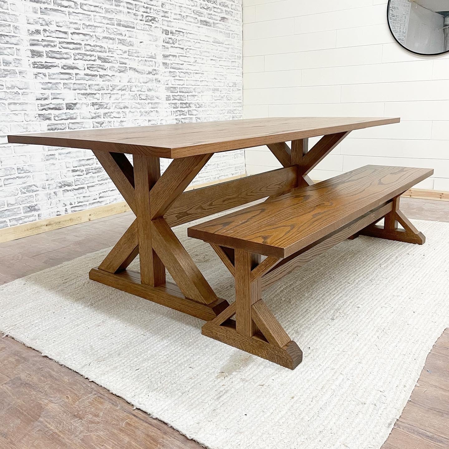 Pictured with a 7' L x 42" W Red Oak table stained Honey. Pictured with a Matching Bench.