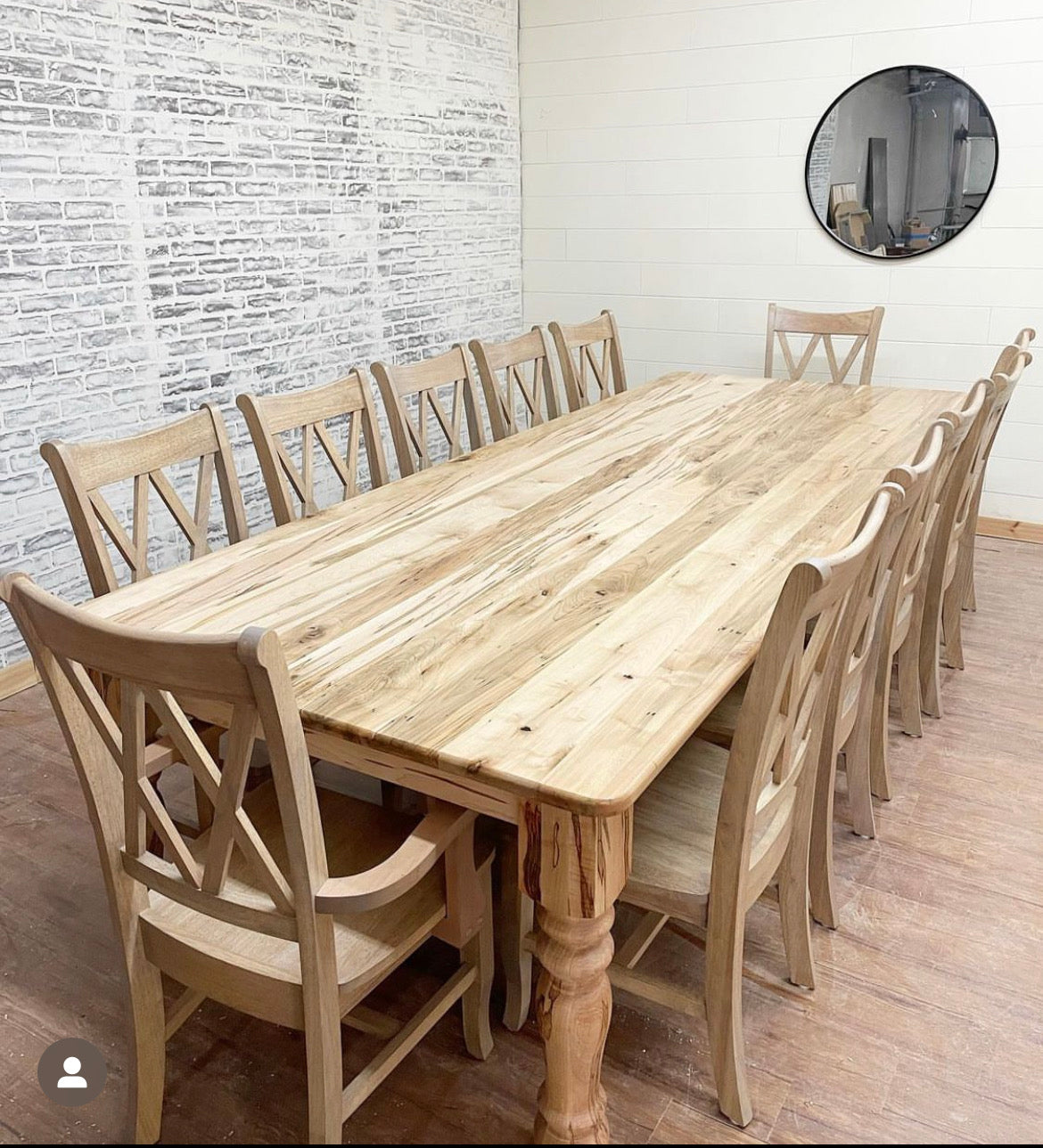 Pictured with a 10' L x 42" W Ambrosia Maple table in a Natural Finish. Pictured with 12 Double Cross Back Chairs.