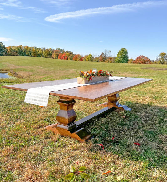 Pictured with a 10' L x 60" W Solid Quarter Sawn White Oak table stained in Honey.