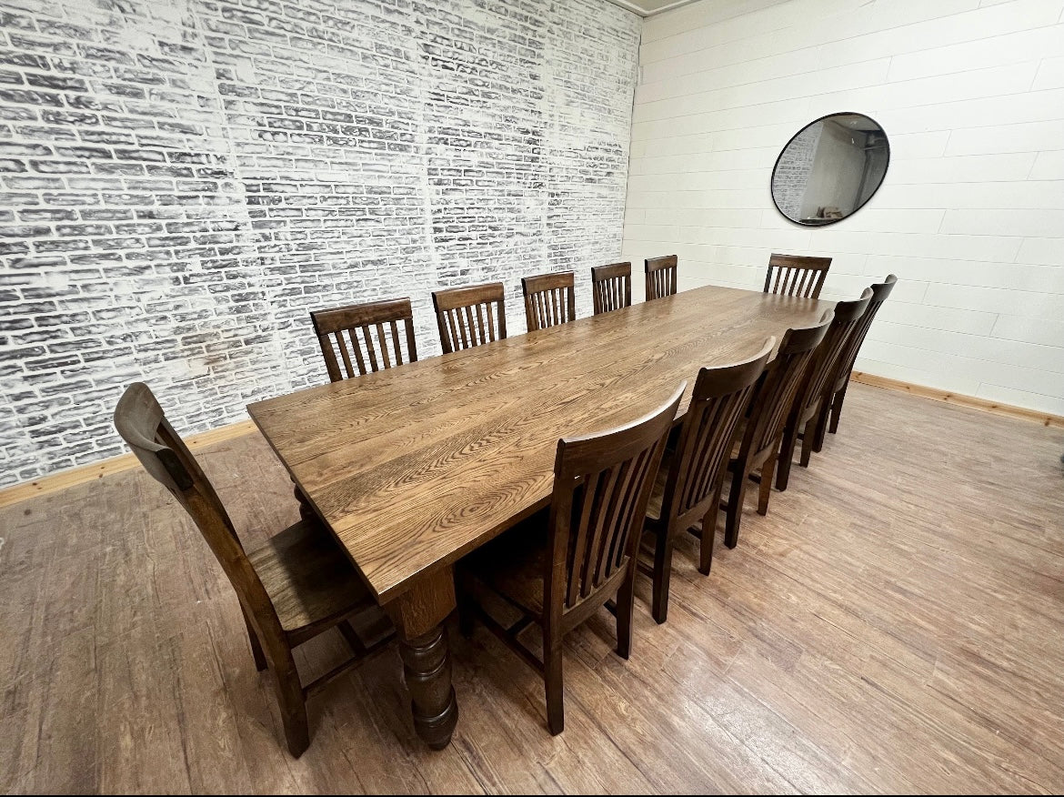 Pictured with a 12'L x 42"W White Oak Table stained Espresso. Pictured with 12 Mission Dining Chairs.