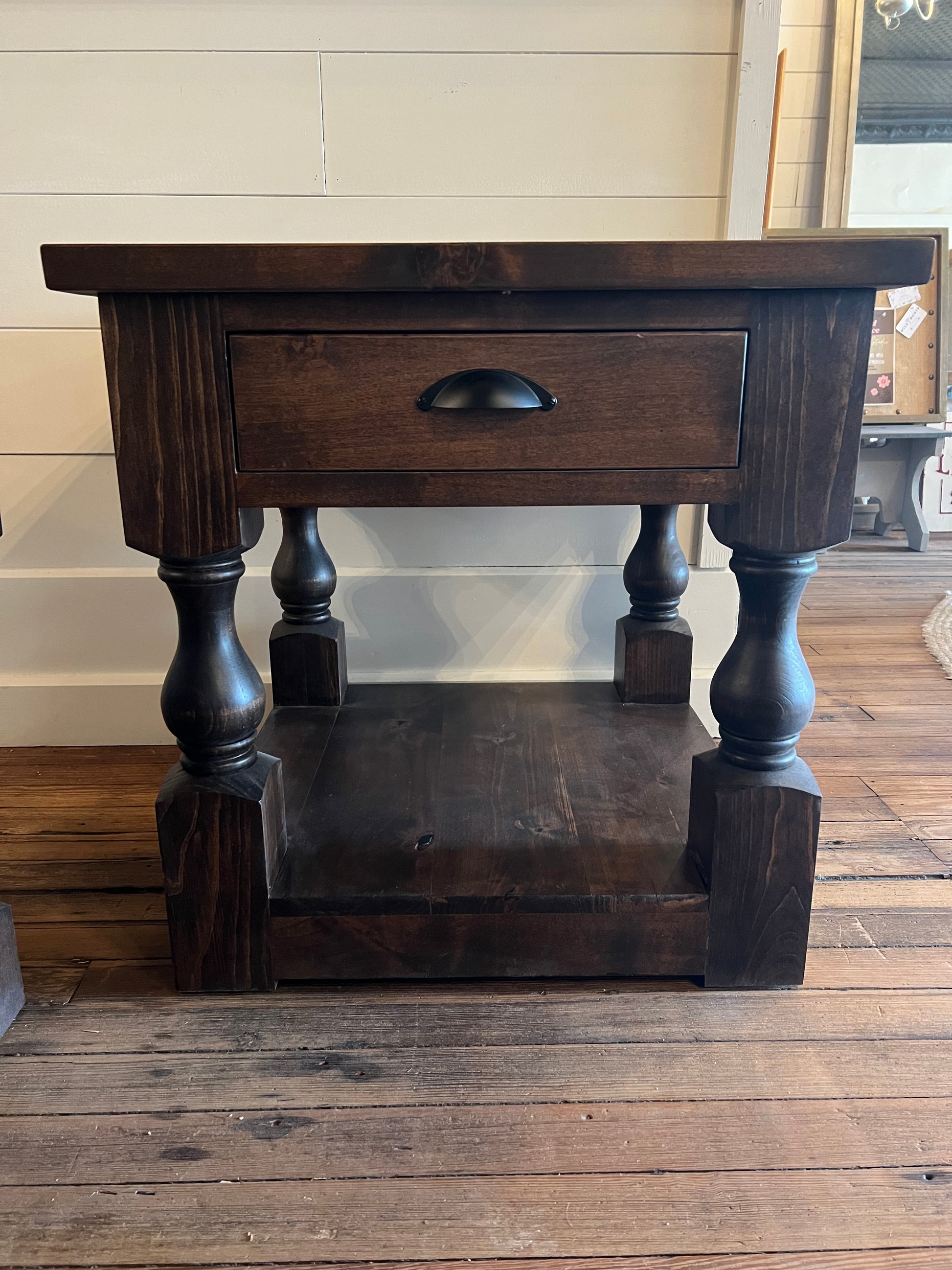 Pictured with a 24" T x 24" W x 24" D end table with Rustic Alder stained Espresso.