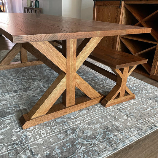 Pictured with a 7' L x 42" W Red Oak table stained Honey. Pictured with a Matching Bench.