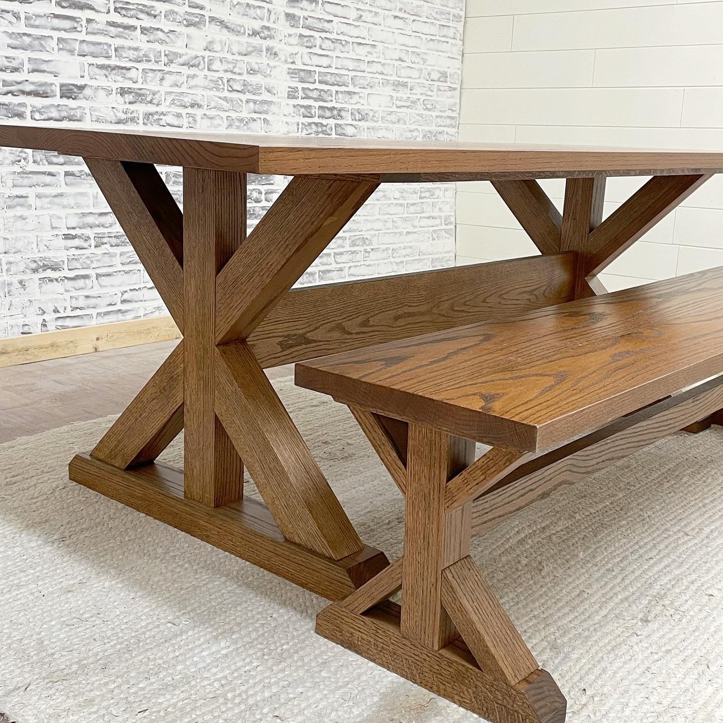 Pictured with a 7' L x 42" W Red Oak table stained Honey. Pictured with a Matching Bench.