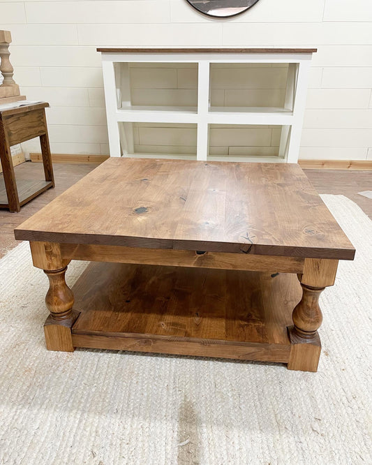Pictured with a 36" X 36" Rustic Alder table stained Honey.