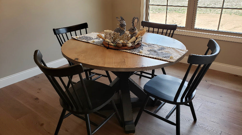 Pictured with a 42" Rustic Alder table stained Weathered Oak and Black Stained Base. Pictured with four Lexington Chairs stained Black.