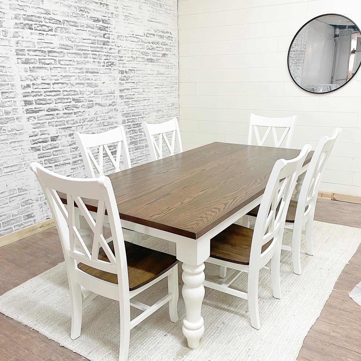 Pictured with a 7'L x 42"W Red Oak top stained Espresso and a painted White base. Pictured with 6 Double Cross Back Chairs.