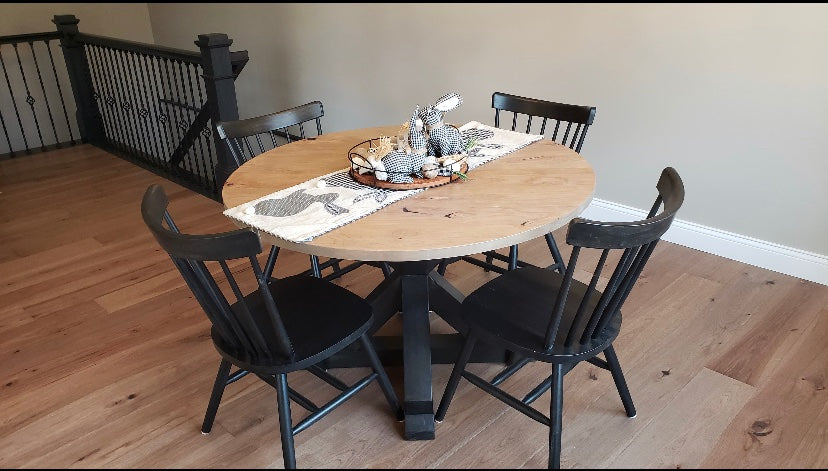 Pictured with a 42" Rustic Alder table stained Weathered Oak and Black Stained Base. Pictured with four Lexington Chairs stained Black.