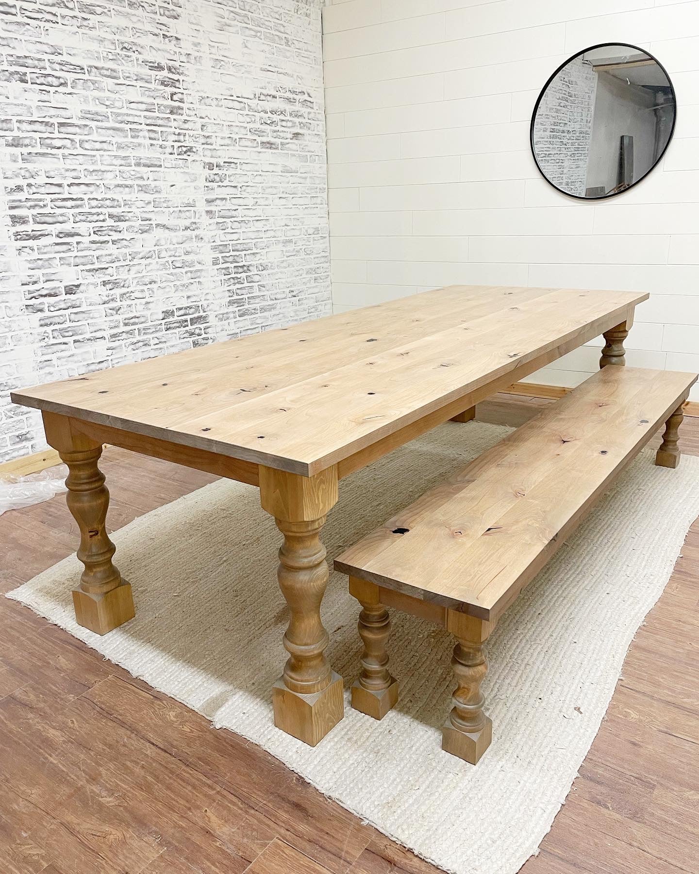 Pictured with an 8' L x 42" W Rustic Alder top and Pine Legs table stained Weathered Oak. Pictured with a Matching Bench.