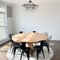 Pictured is a 72" W Rustic Alder table is a Natural Finish. Pictured is 8 Metal Chairs is a Black Finish. 
