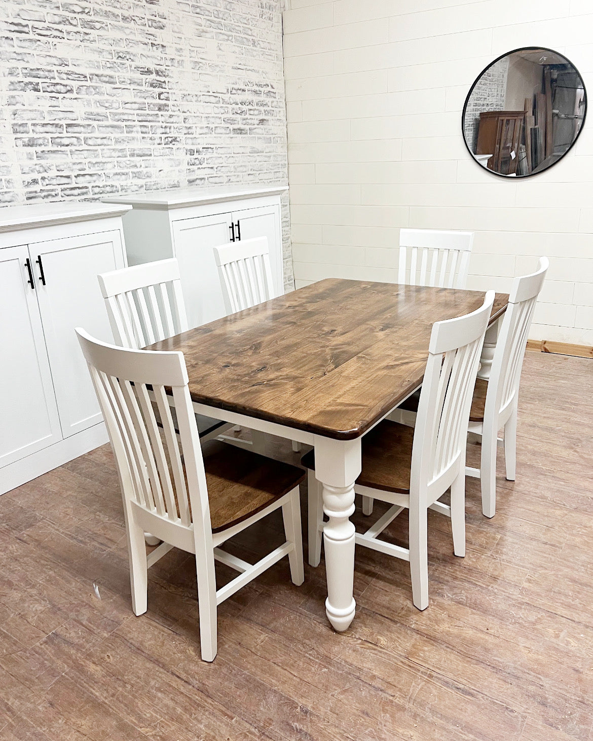 Pictured with a 5' L x 42" W Rustic Alder Table stained Espresso and a White painted base. Pictured with 6 Mission Dining Chairs.