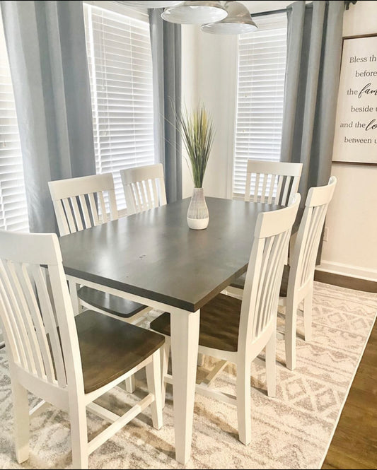 Pictured with a 5' L x 42" Rustic Alder top with Aged Barrel stain and a White painted base. Pictured with 6 Mission Dining Chairs.