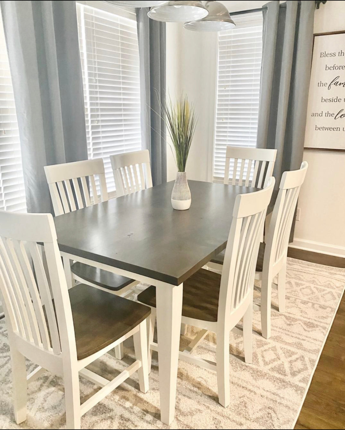 Pictured with a 5' L x 42" Rustic Alder top with Aged Barrel stain and a White painted base. Pictured with 6 Mission Dining Chairs.