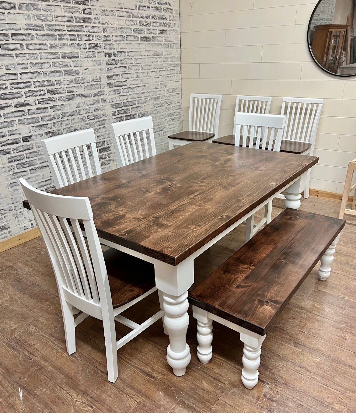 Pictured with a 5' L x 42" W Rustic Alder top with Espresso stain and a painted White base. Pictured with a Matching Bench and 4 Mission Dining Chairs. 