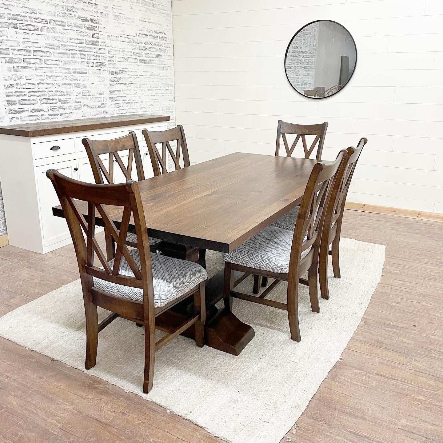 Pictured with a 7' L x 42" W Walnut top and base stained Honey. Pictured with 6 Double Cross Back Chairs with matching stain and upholstered seats with fabric provided by client.