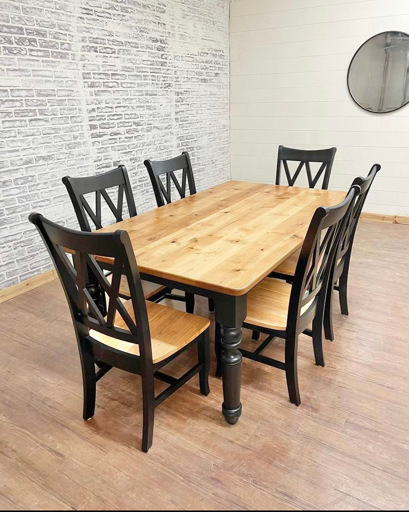 Pictured with a 6' L x 42" W Rustic Alder Top with Natural Finish and a Black painted base. Pictured with 6 Double Cross Back Chairs.