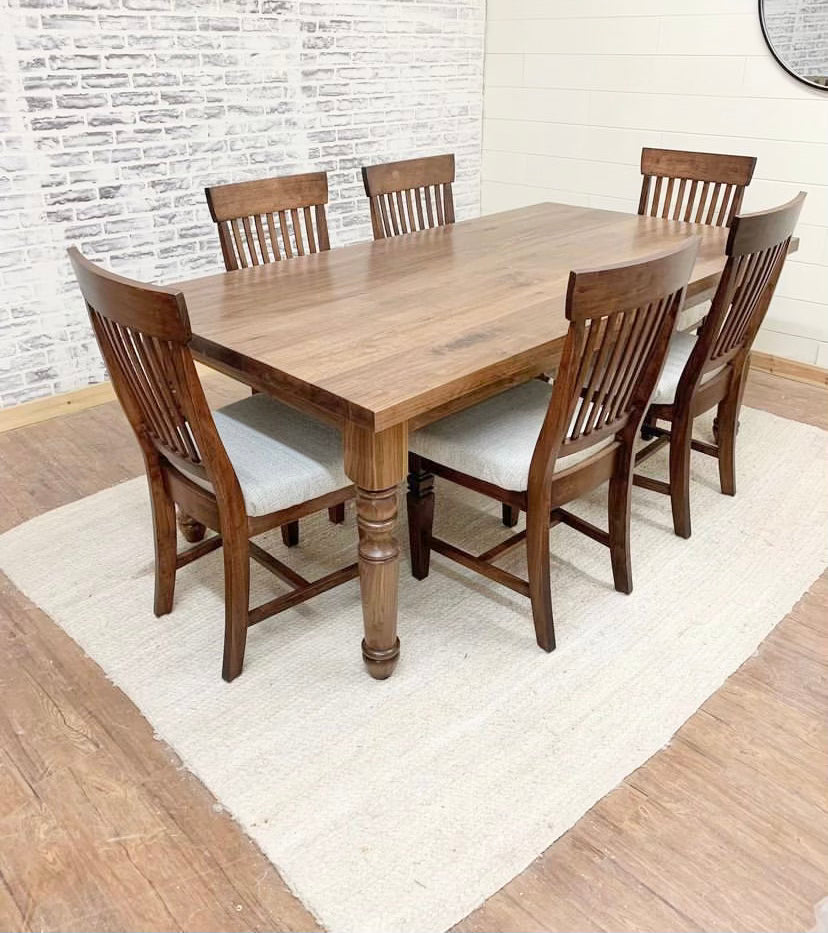 Pictured with a 6' L x 42" W Walnut Table and Base with a Natural finish. Pictured are 6 Seattle Mission Chairs. Upholstered seats was made with fabric provided by client.