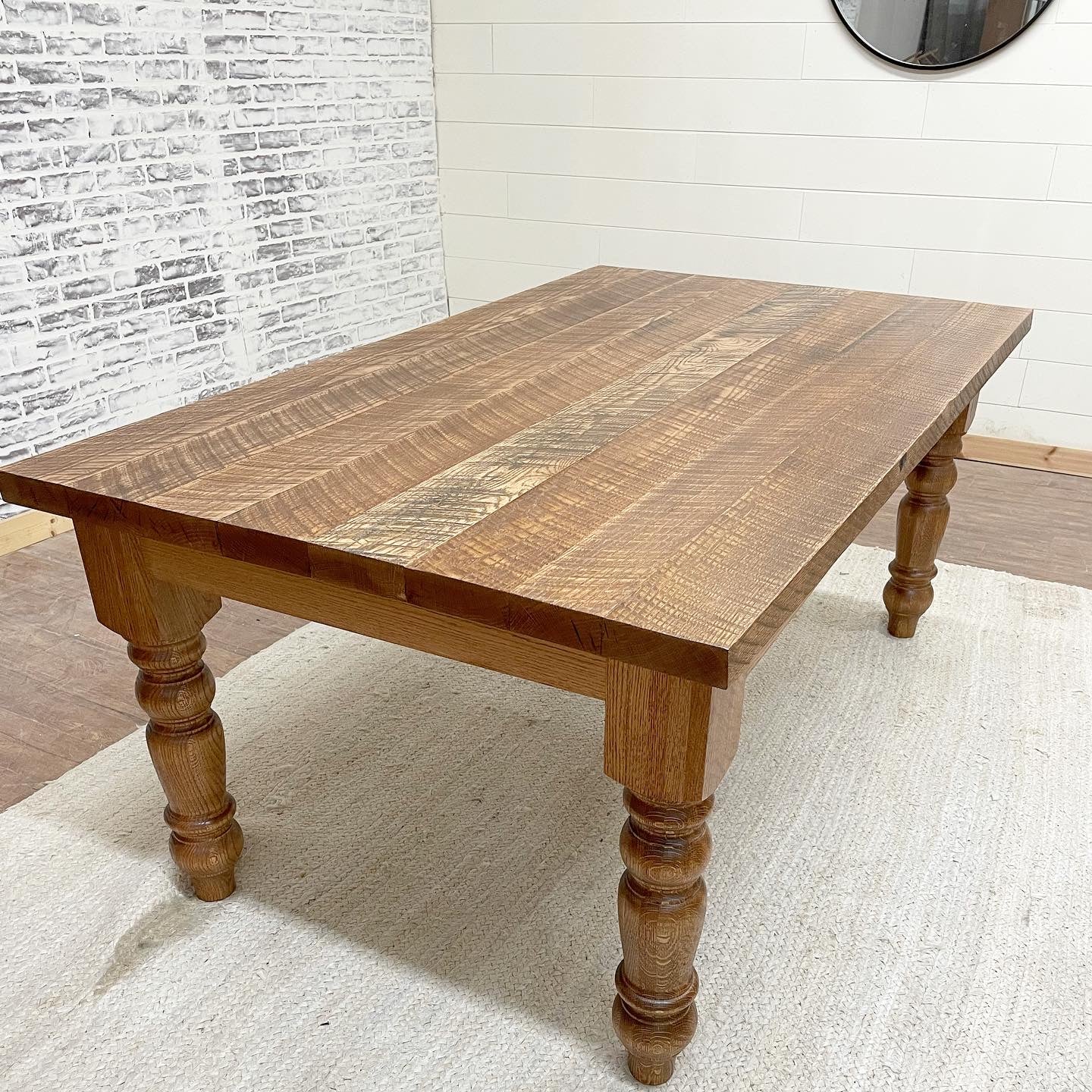 Pictured with a 6' L x 42" Red Oak top with Curved Sawn Marks stained Early American.