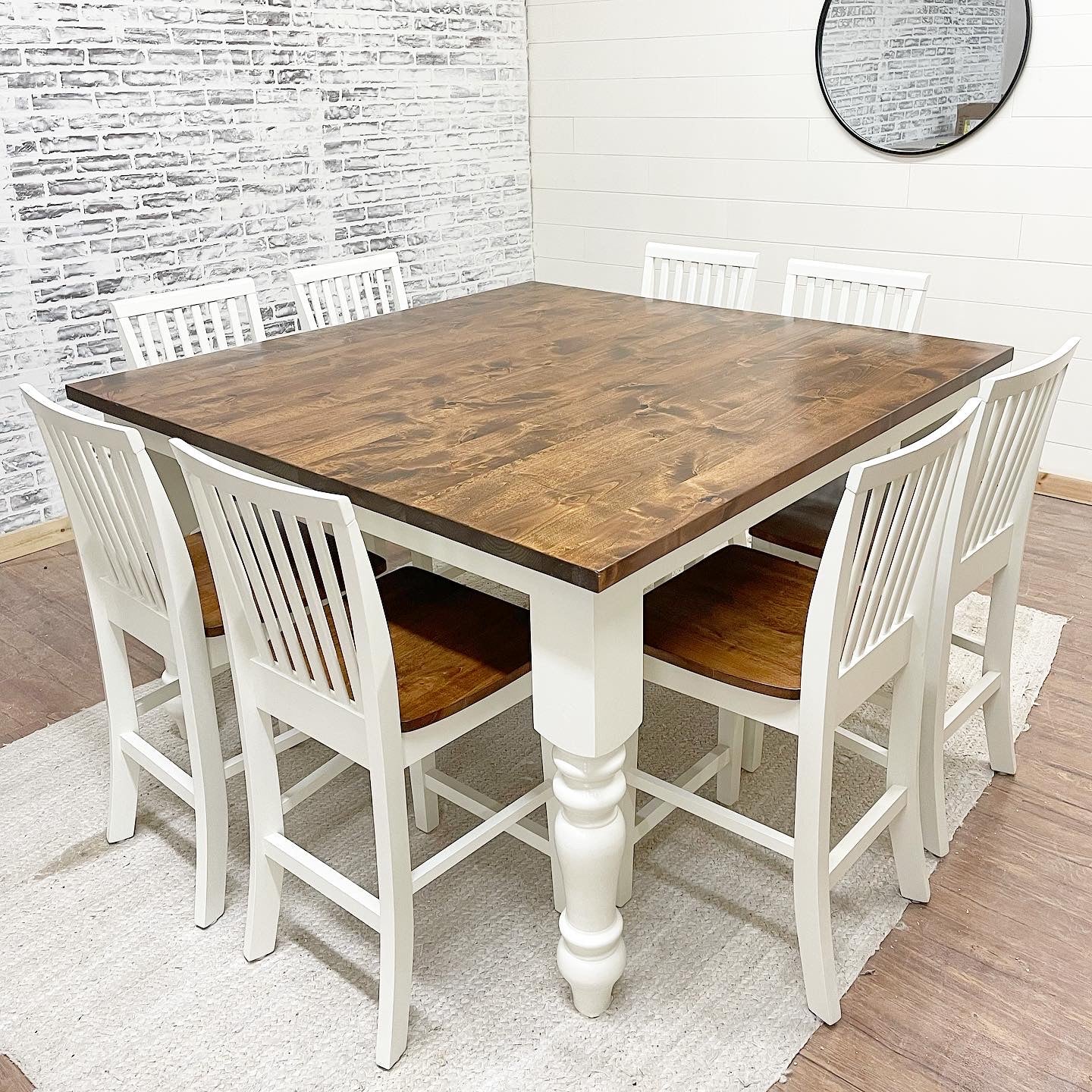 Pictured with a 60" W Square Rustic Alder table stained Honey. Pictured with 8 Mission Counter Height Stools.