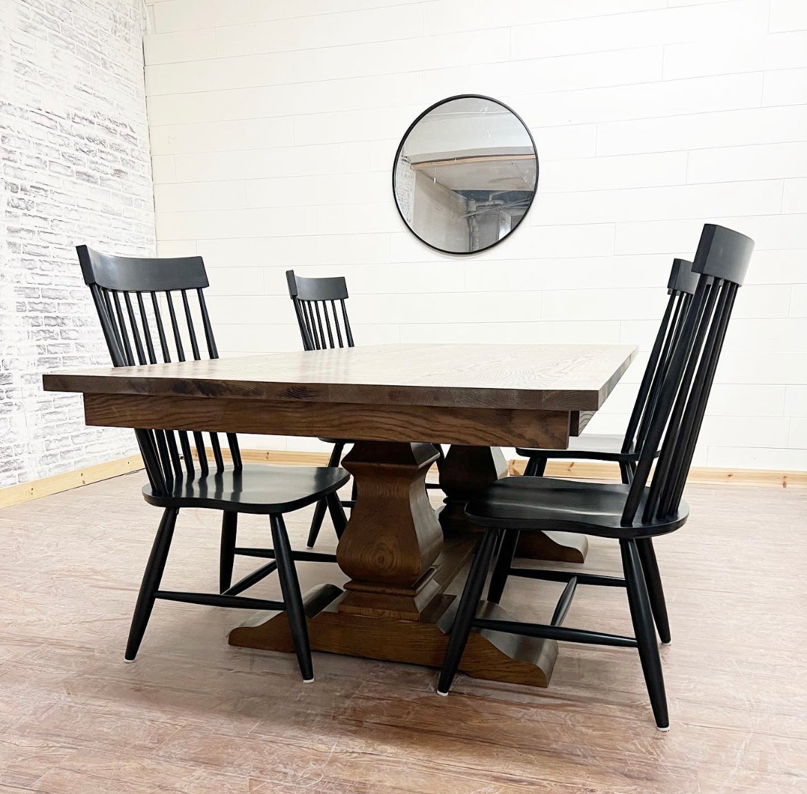 Pictured with a 7' L x 42" W Solid White Oak table and two 12" Removable end caps with Espresso stain. Pictured with four New England Dining Chairs stained Black.