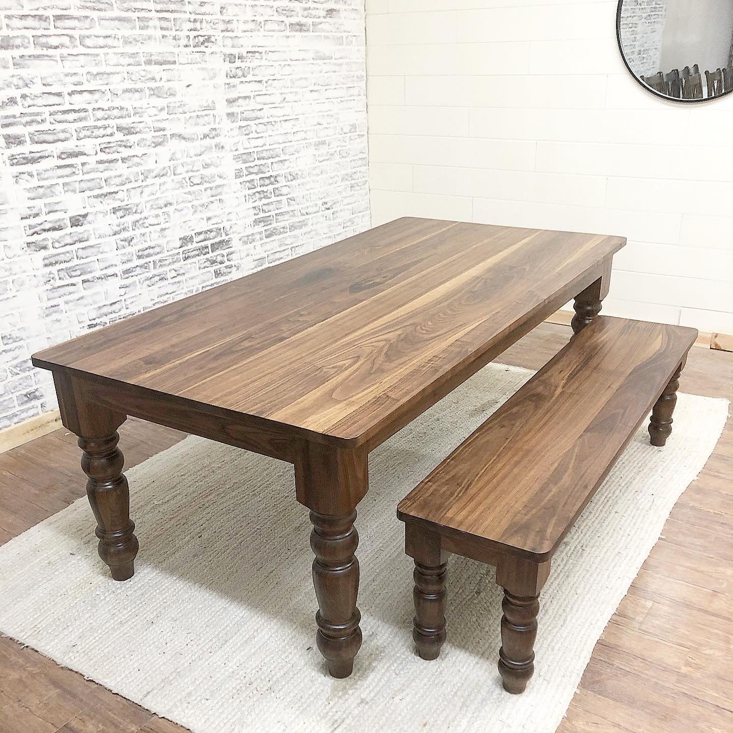 Pictured with a 7' L x 42" W Walnut Table and round corners with matching Walnut Legs and a Natural Finish. Pictured with a Matching Bench.
