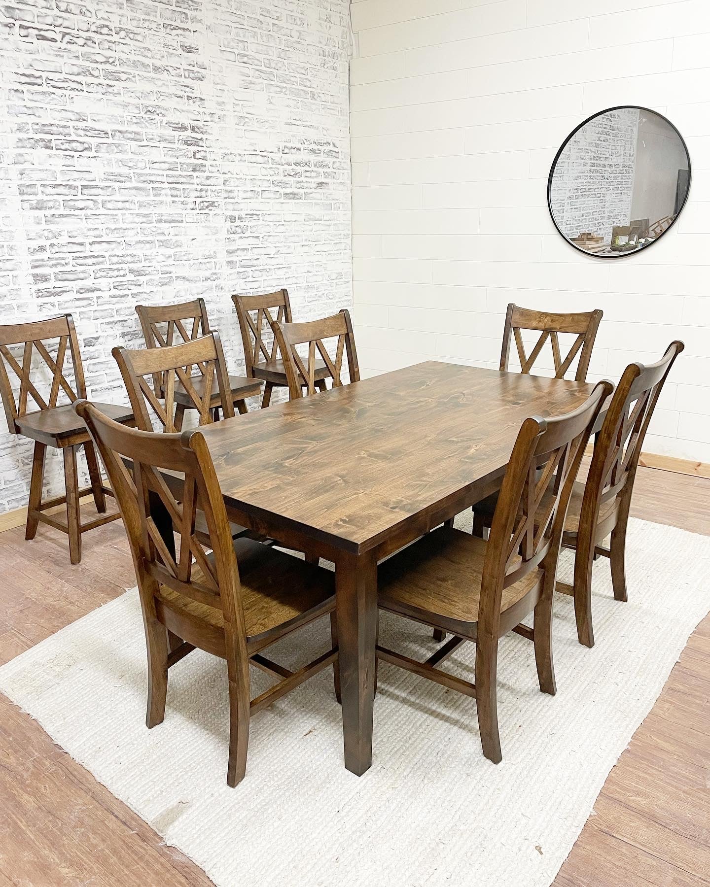 Pictured with a 6' L x 42" W Rustic Alder table stained Espresso. Pictured with 6 Double Cross Back Chairs and 3 Double Cross Back Swivel Counter Height Stools.