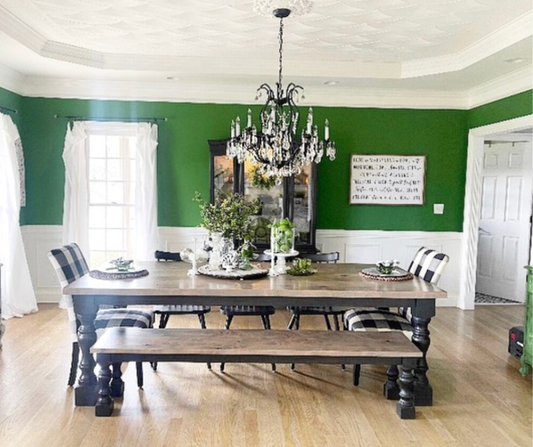 Pictured with an 8' L x 42" W Rustic Alder top stained Classic Gray with a Black painted base. Pictured with a Matching Bench and 3 Lexington Dining Chairs.