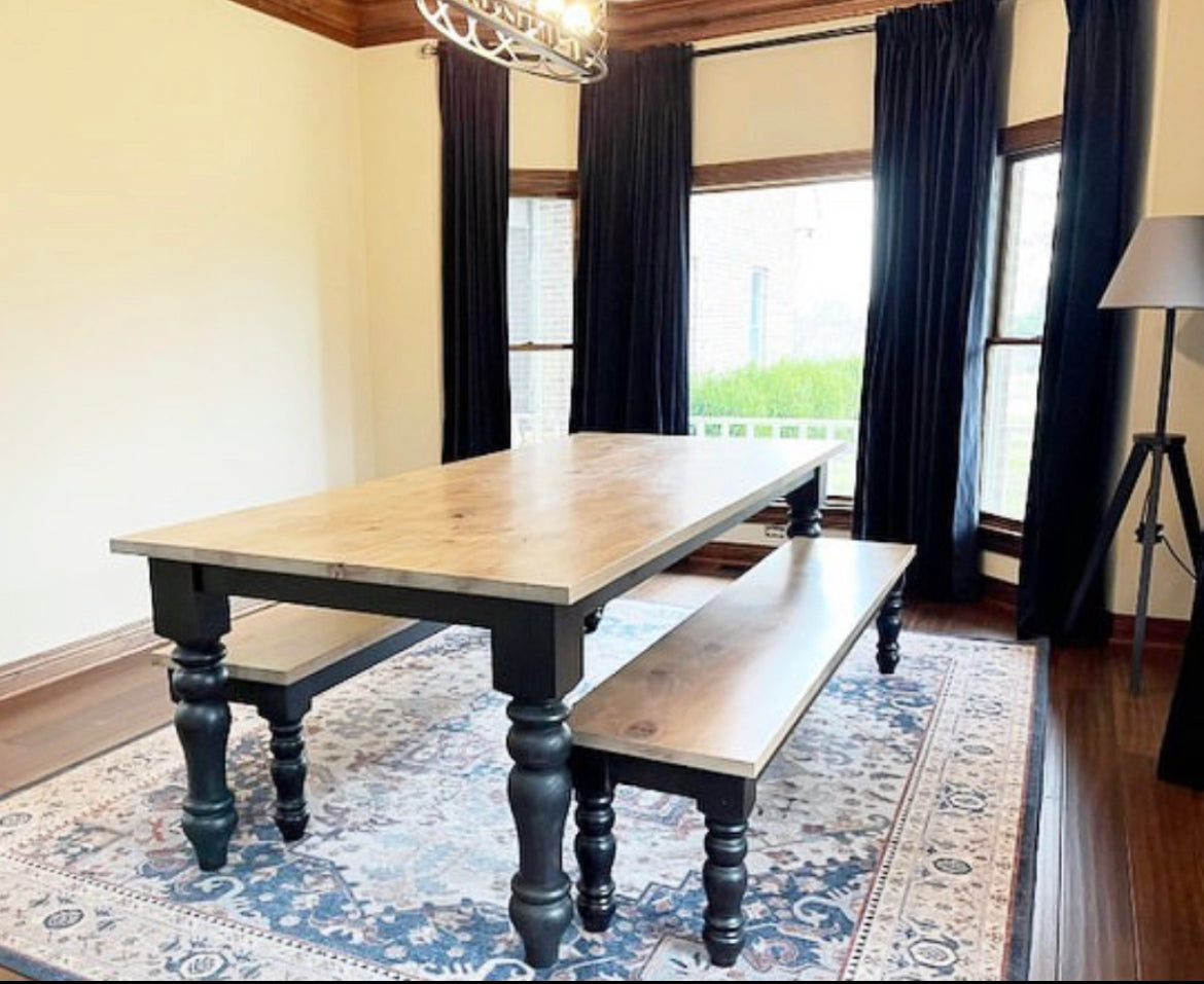 Pictured with an 8' L x 42" W Rustic Alder table with Weathered Oak stain and a Black painted base. Pictured with two Matching Benches.