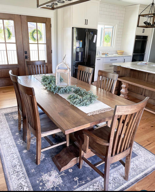 Pictured with an 8' L x 42" W Solid Hickory table stained Espresso. Pictured with 6 Mission Dining chairs.