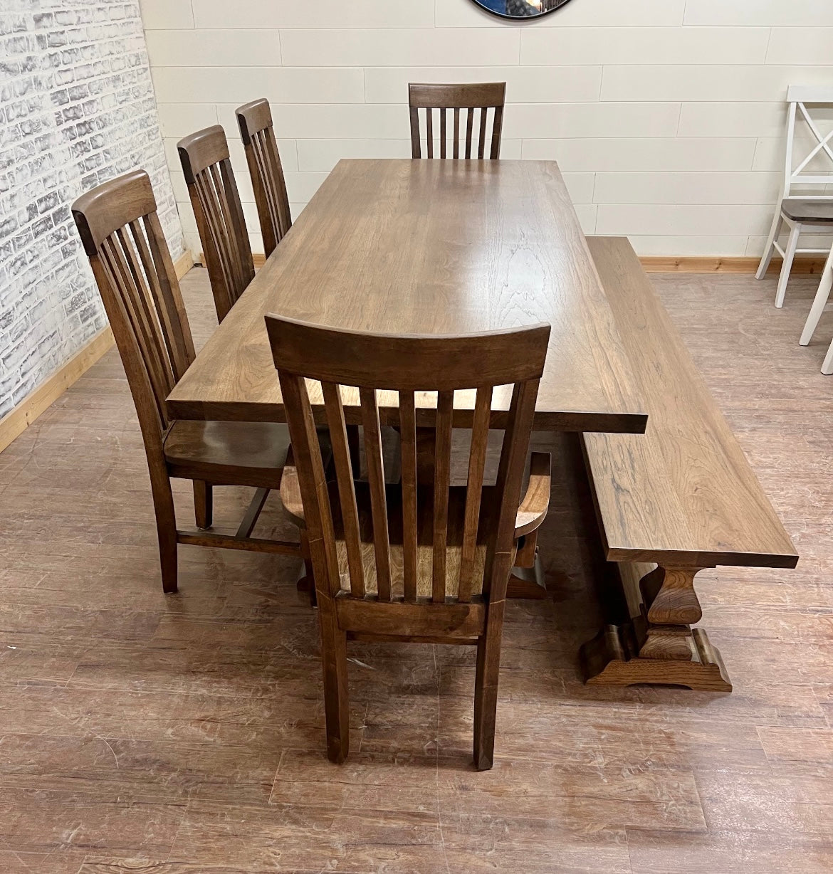 Pictured with an 8' L x 36" W Solid Hickory table with Espresso stain. Pictured with a Matching Bench and 5 Mission Dining Chairs.