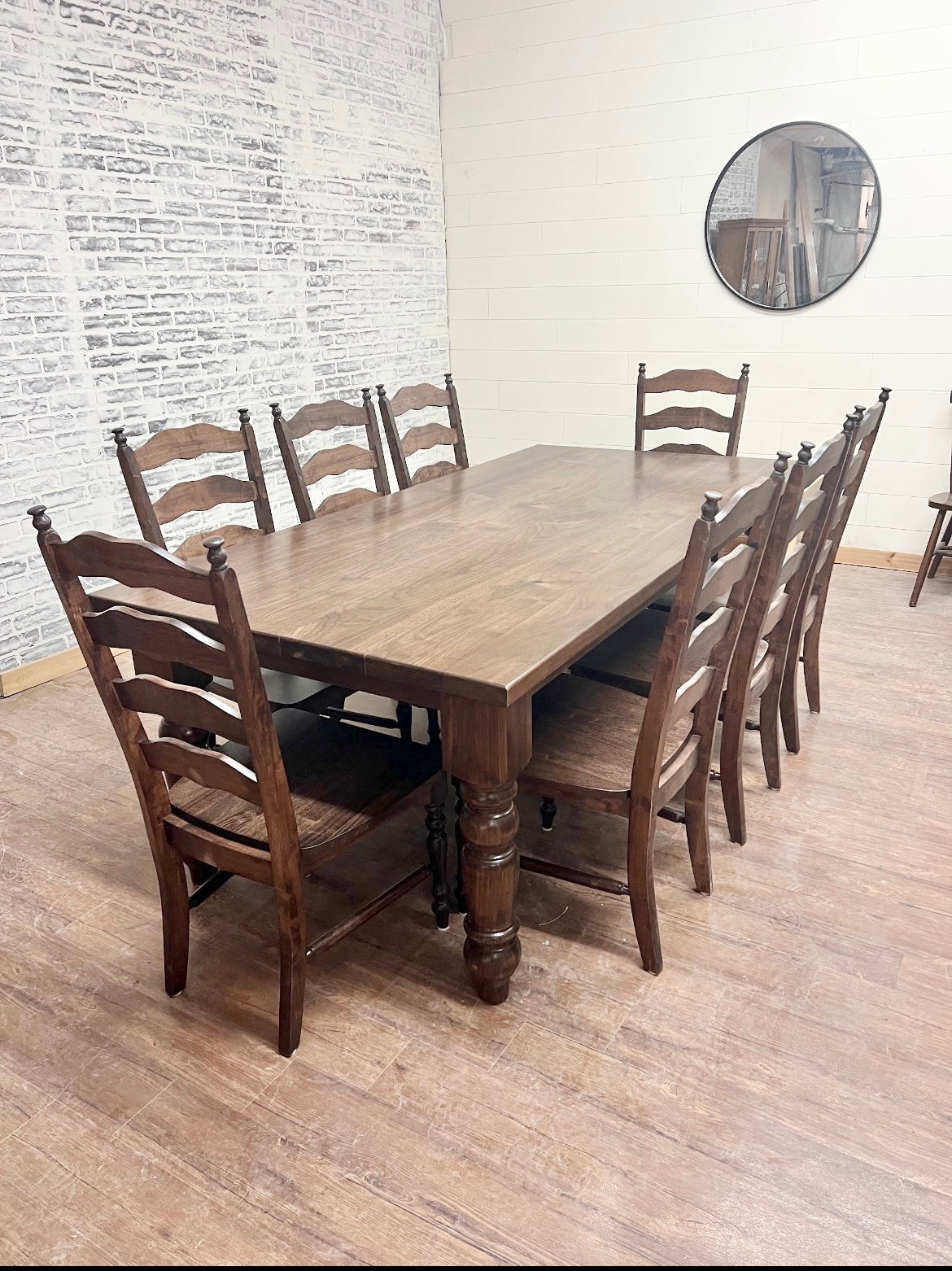 Pictured with an 8' L x 42" W Solid Walnut table with Honey stain. Pictured with 8 Maine Ladder Back Chairs.