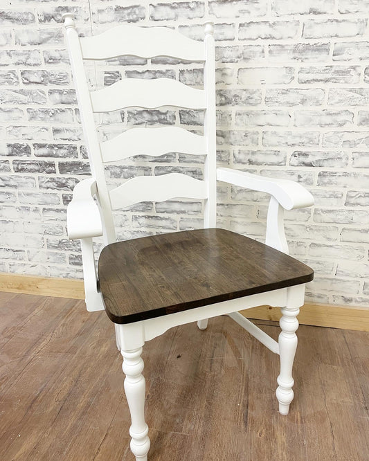 Maine Ladder Back Arm Chair with White Paint and Espresso seat.
